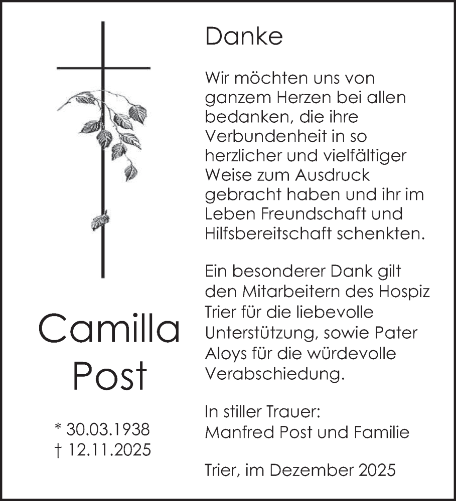  Traueranzeige für Camilla Post vom 13.12.2025 aus trierischer_volksfreund