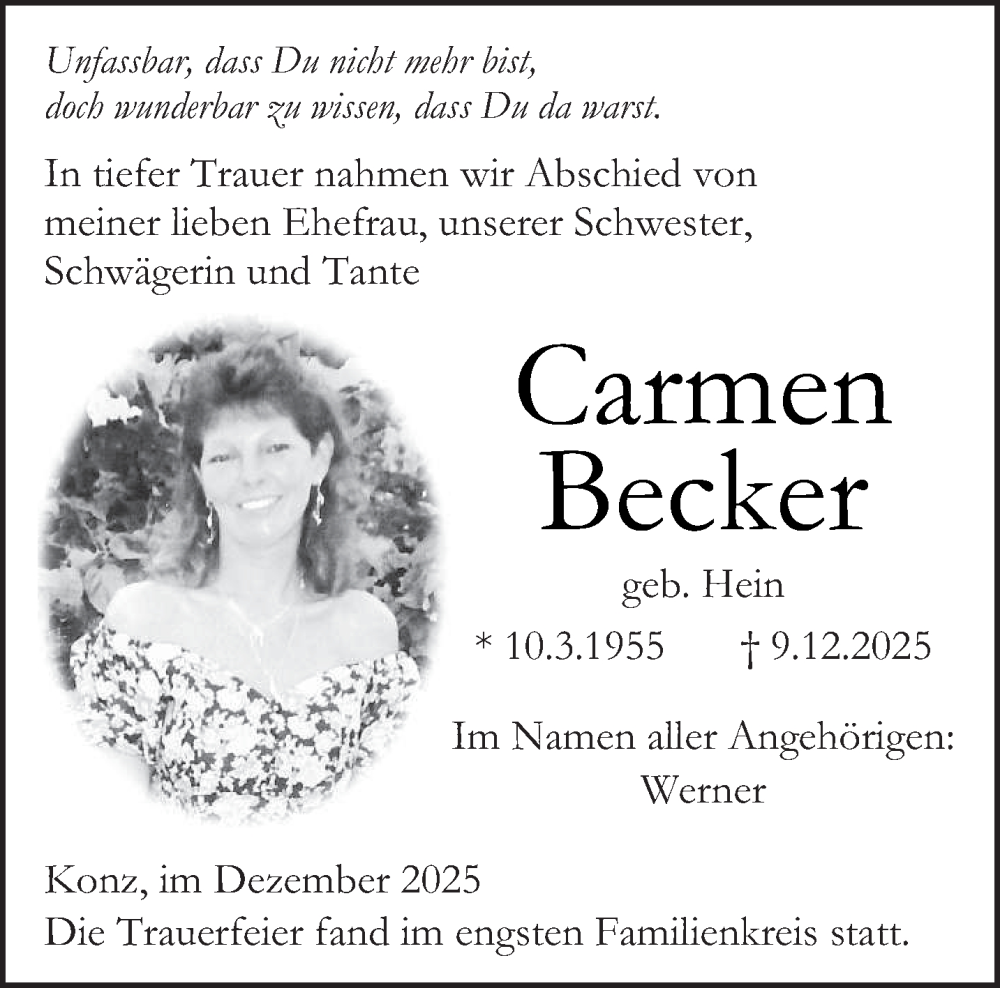  Traueranzeige für Carmen Becker vom 27.12.2025 aus trierischer_volksfreund