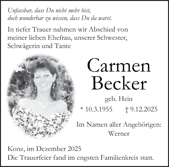 Traueranzeige von Carmen Becker von trierischer_volksfreund
