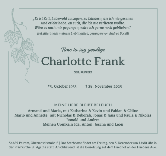 Traueranzeige von Charlotte Frank von trierischer_volksfreund