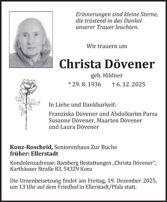 Traueranzeige von Christa Dövener von trierischer_volksfreund