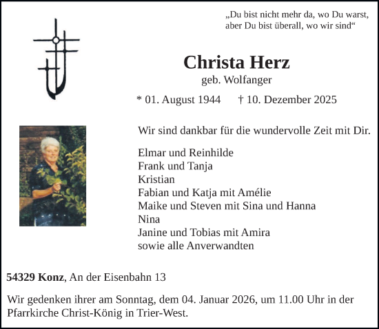 Traueranzeige von Christa Herz von trierischer_volksfreund