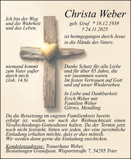 Traueranzeige von Christa Weber von trierischer_volksfreund