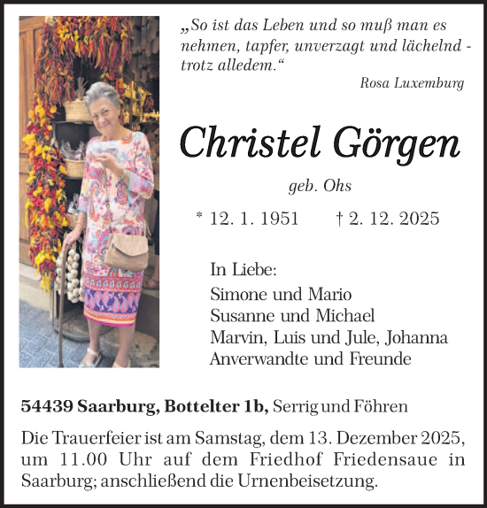 Traueranzeige von Christel Görgen von trierischer_volksfreund