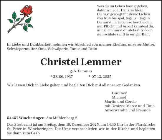 Traueranzeige von Christel Lemmer von trierischer_volksfreund