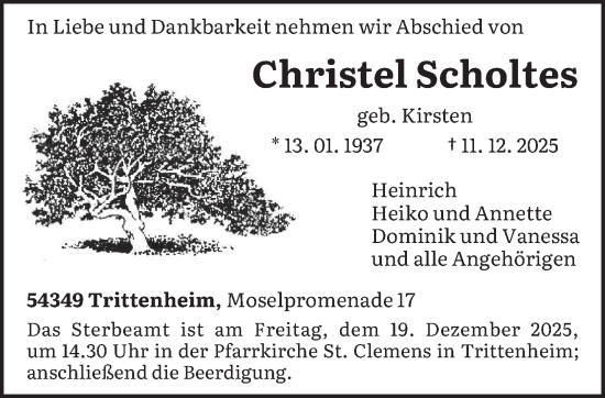 Traueranzeige von Christel Scholtes von trierischer_volksfreund