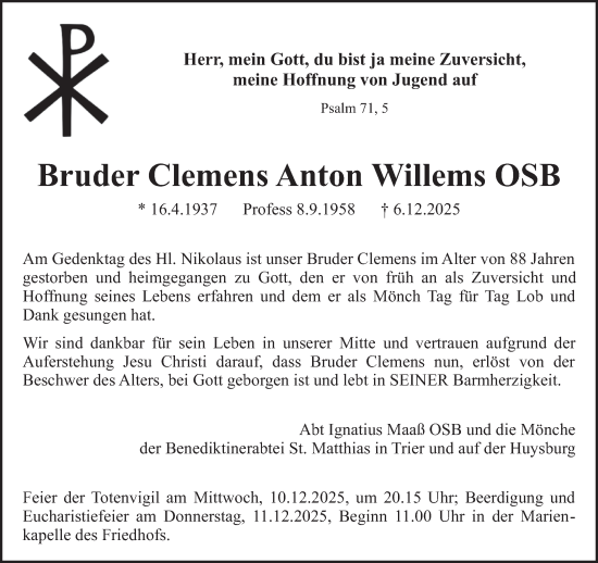 Traueranzeige von Clemens Anton Willems von trierischer_volksfreund