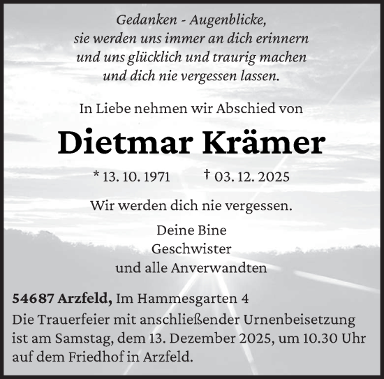 Traueranzeige von Dietmar Krämer von trierischer_volksfreund