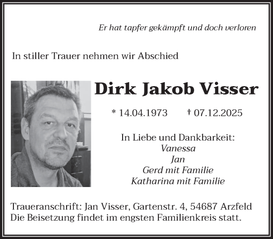 Traueranzeige von Dirk Jakob Visser von trierischer_volksfreund