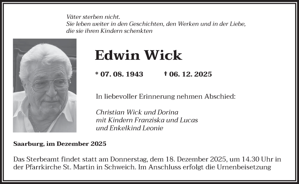  Traueranzeige für Edwin Wick vom 17.12.2025 aus trierischer_volksfreund