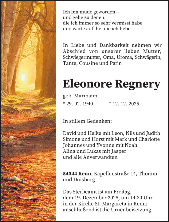 Traueranzeige von Eleonore Regnery von trierischer_volksfreund