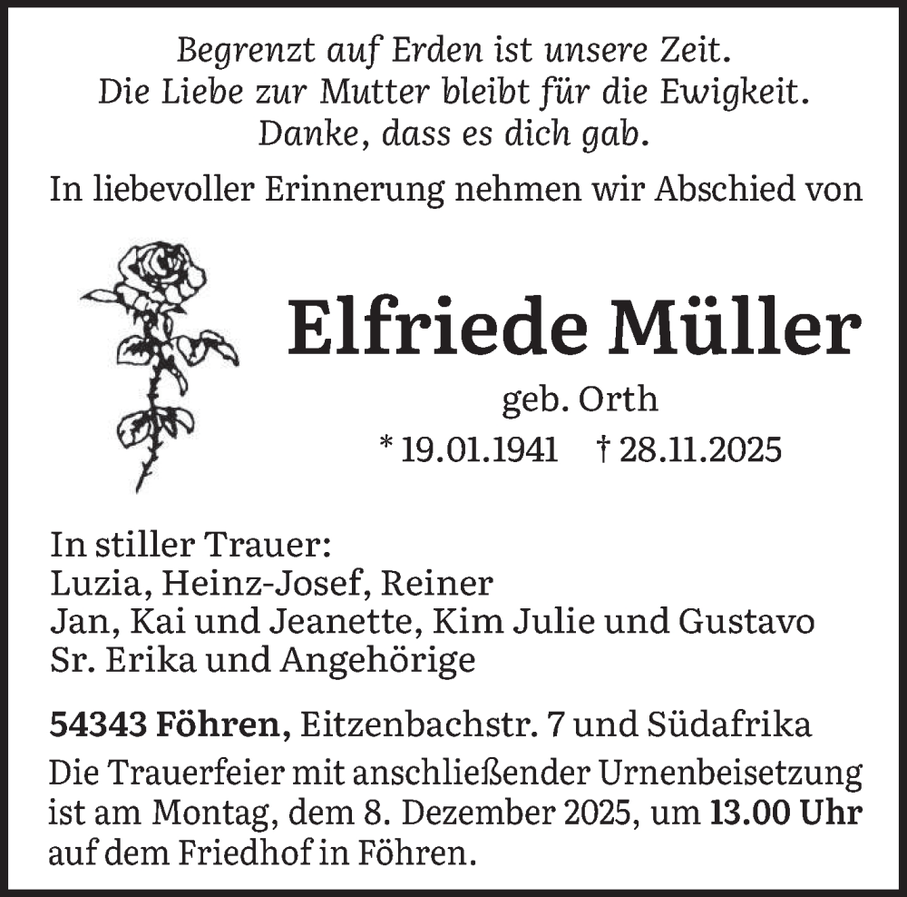  Traueranzeige für Elfriede Müller vom 03.12.2025 aus trierischer_volksfreund