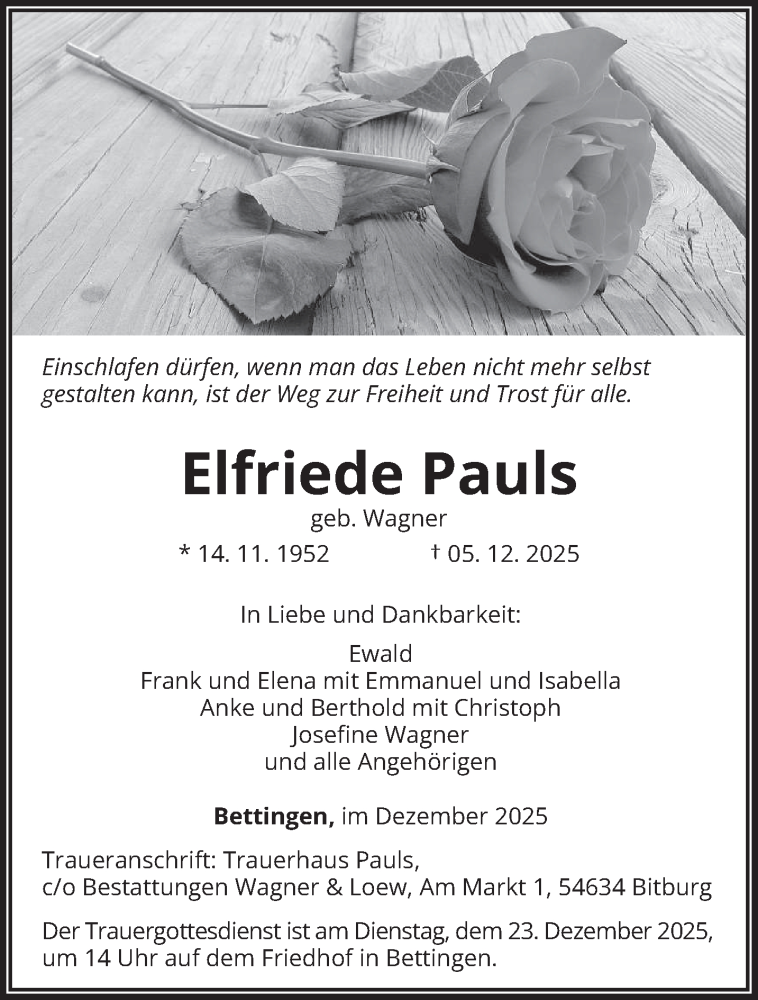  Traueranzeige für Elfriede Pauls vom 13.12.2025 aus trierischer_volksfreund