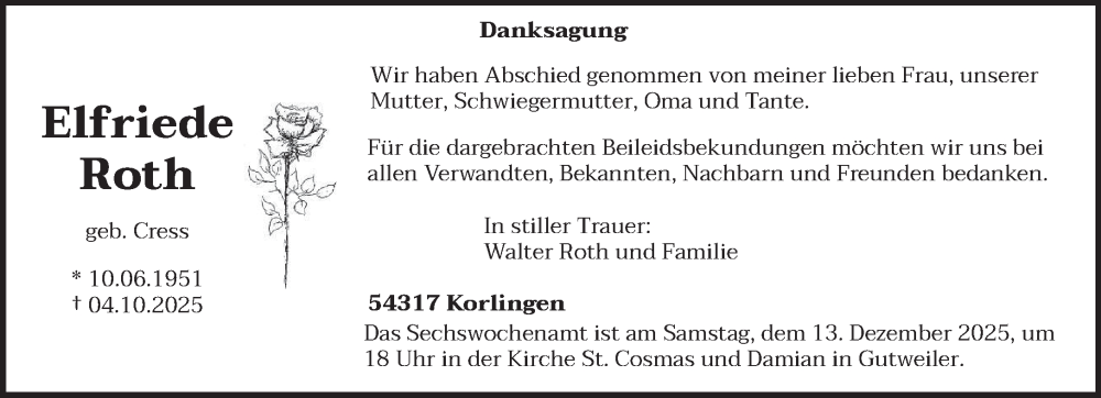 Traueranzeige für Elfriede Roth vom 06.12.2025 aus trierischer_volksfreund