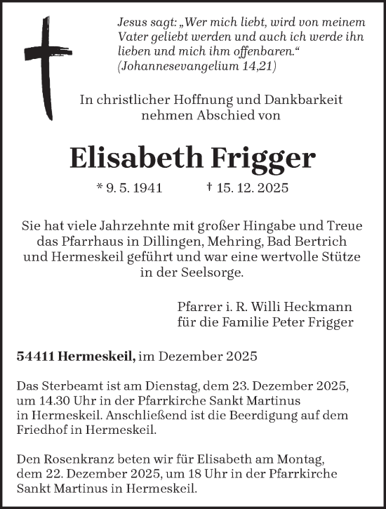 Traueranzeige von Elisabeth Frigger von trierischer_volksfreund