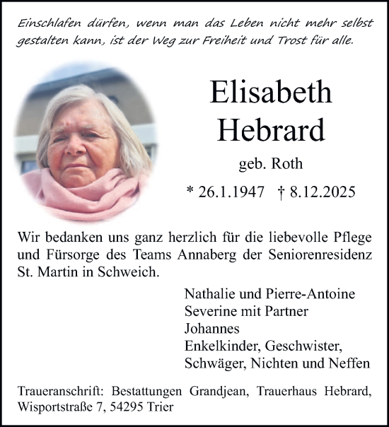 Traueranzeige von Elisabeth Hebrard von trierischer_volksfreund