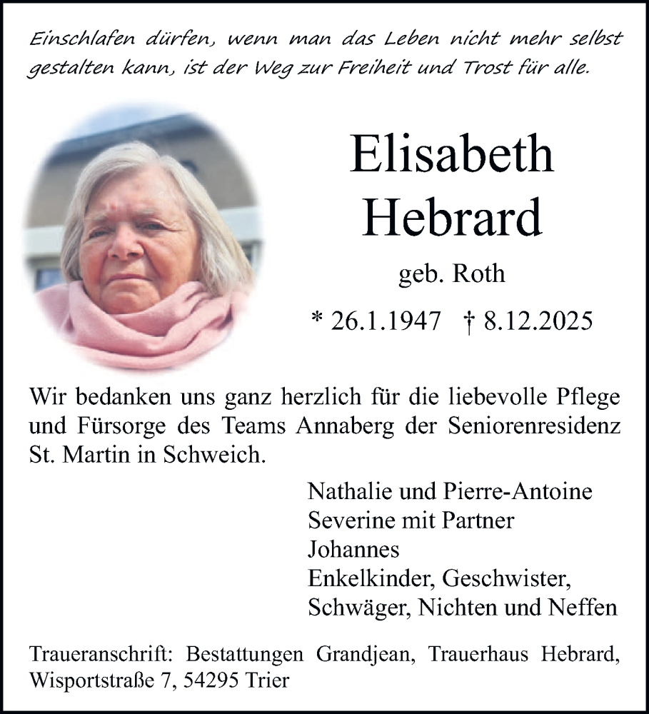  Traueranzeige für Elisabeth Hebrard vom 13.12.2025 aus trierischer_volksfreund