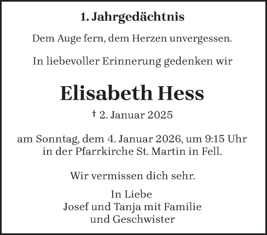 Traueranzeige von Elisabeth Hess von trierischer_volksfreund