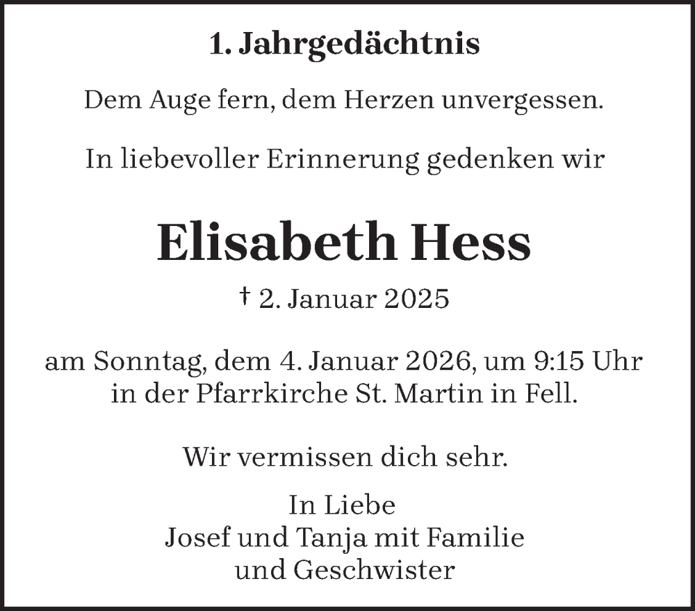  Traueranzeige für Elisabeth Hess vom 20.12.2025 aus trierischer_volksfreund