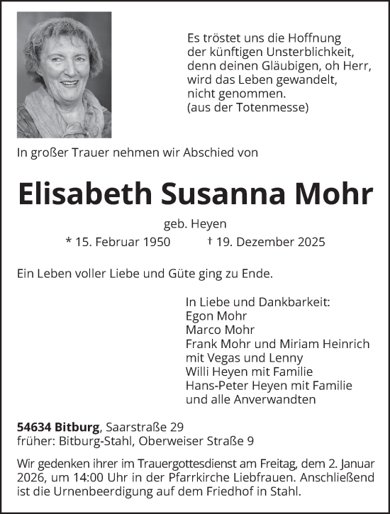 Traueranzeige von Elisabeth Susanna Mohr von trierischer_volksfreund