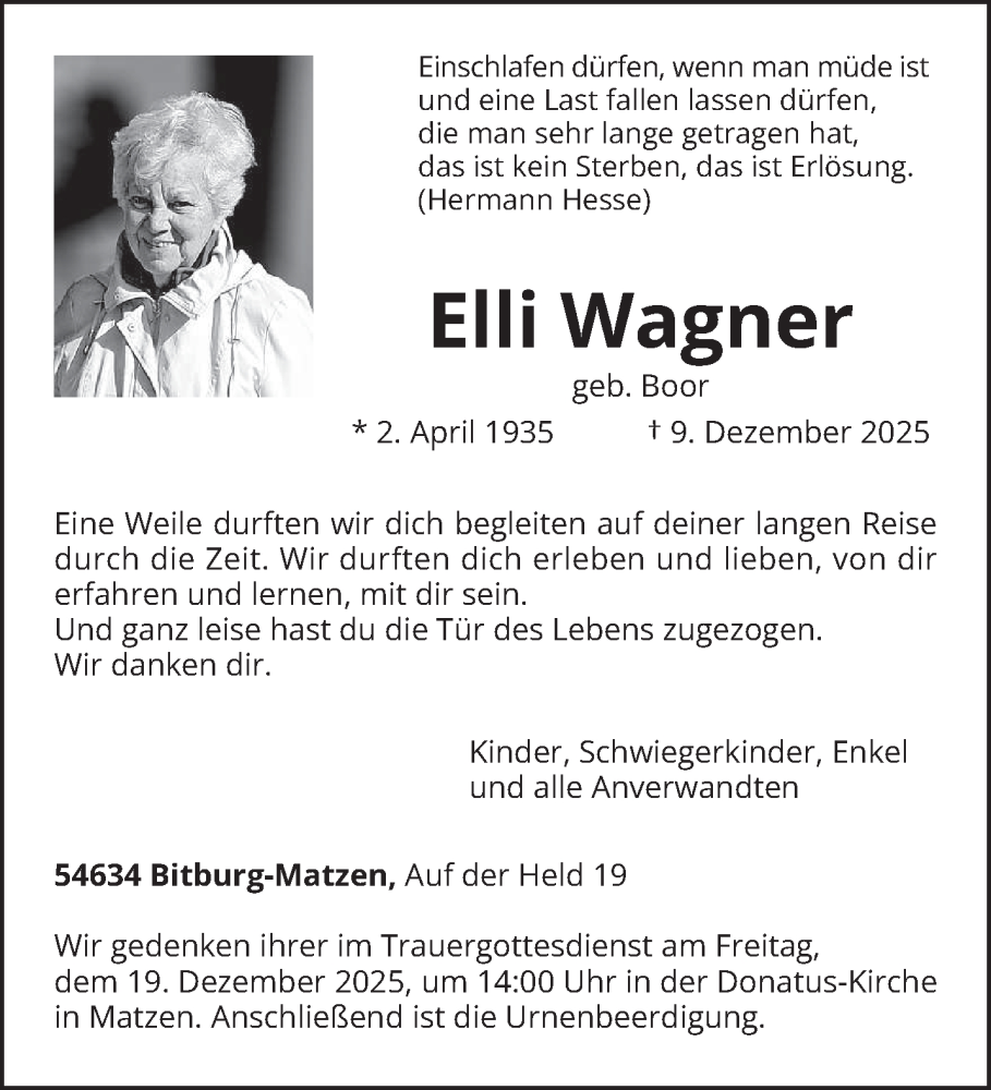  Traueranzeige für Elli Wagner vom 13.12.2025 aus trierischer_volksfreund