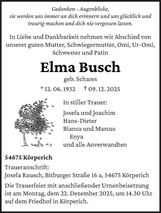 Traueranzeige von Elma Busch von trierischer_volksfreund