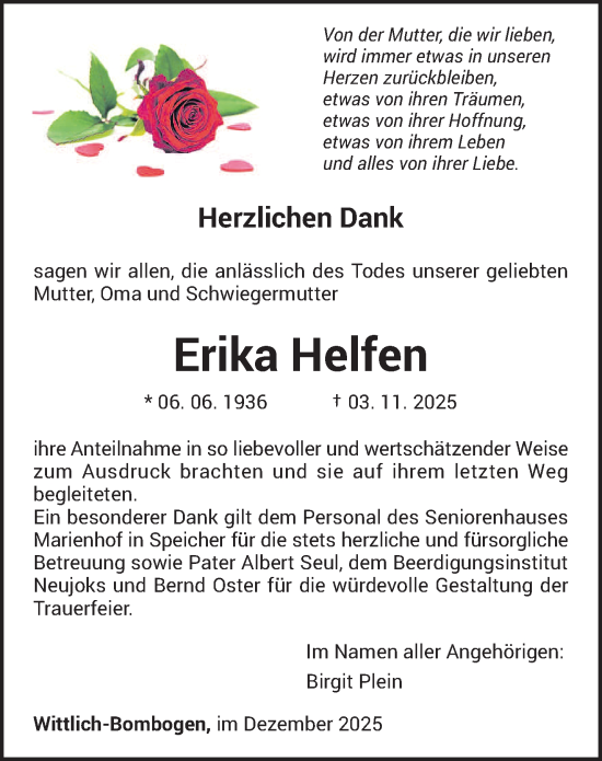 Traueranzeige von Erika Helfen von trierischer_volksfreund
