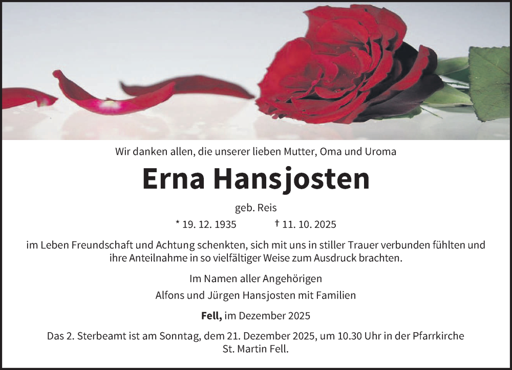  Traueranzeige für Erna Hansjosten vom 13.12.2025 aus trierischer_volksfreund
