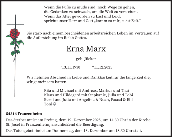 Traueranzeige von Erna Marx von trierischer_volksfreund