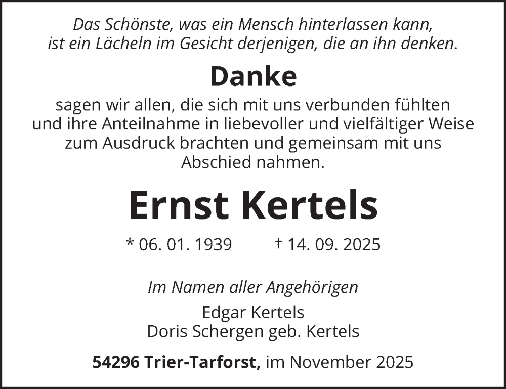  Traueranzeige für Ernst Kertels vom 29.11.2025 aus trierischer_volksfreund