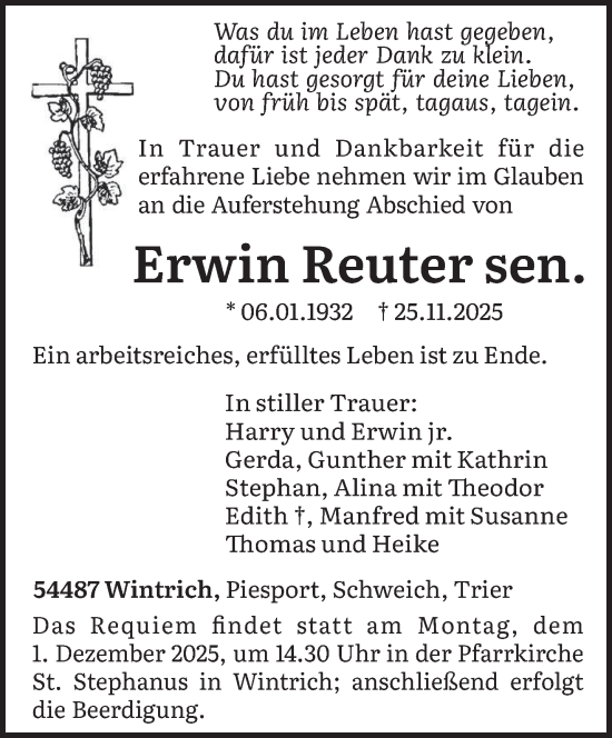 Traueranzeige von Erwin Reuter von trierischer_volksfreund