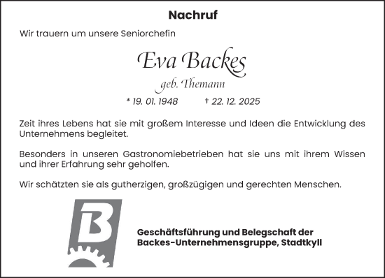 Traueranzeige von Eva Backes von trierischer_volksfreund