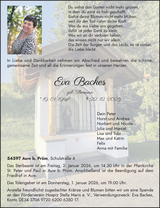 Traueranzeige von Eva Backes von trierischer_volksfreund