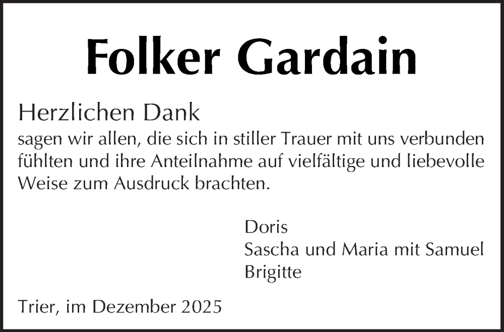  Traueranzeige für Folker Gardain vom 13.12.2025 aus trierischer_volksfreund