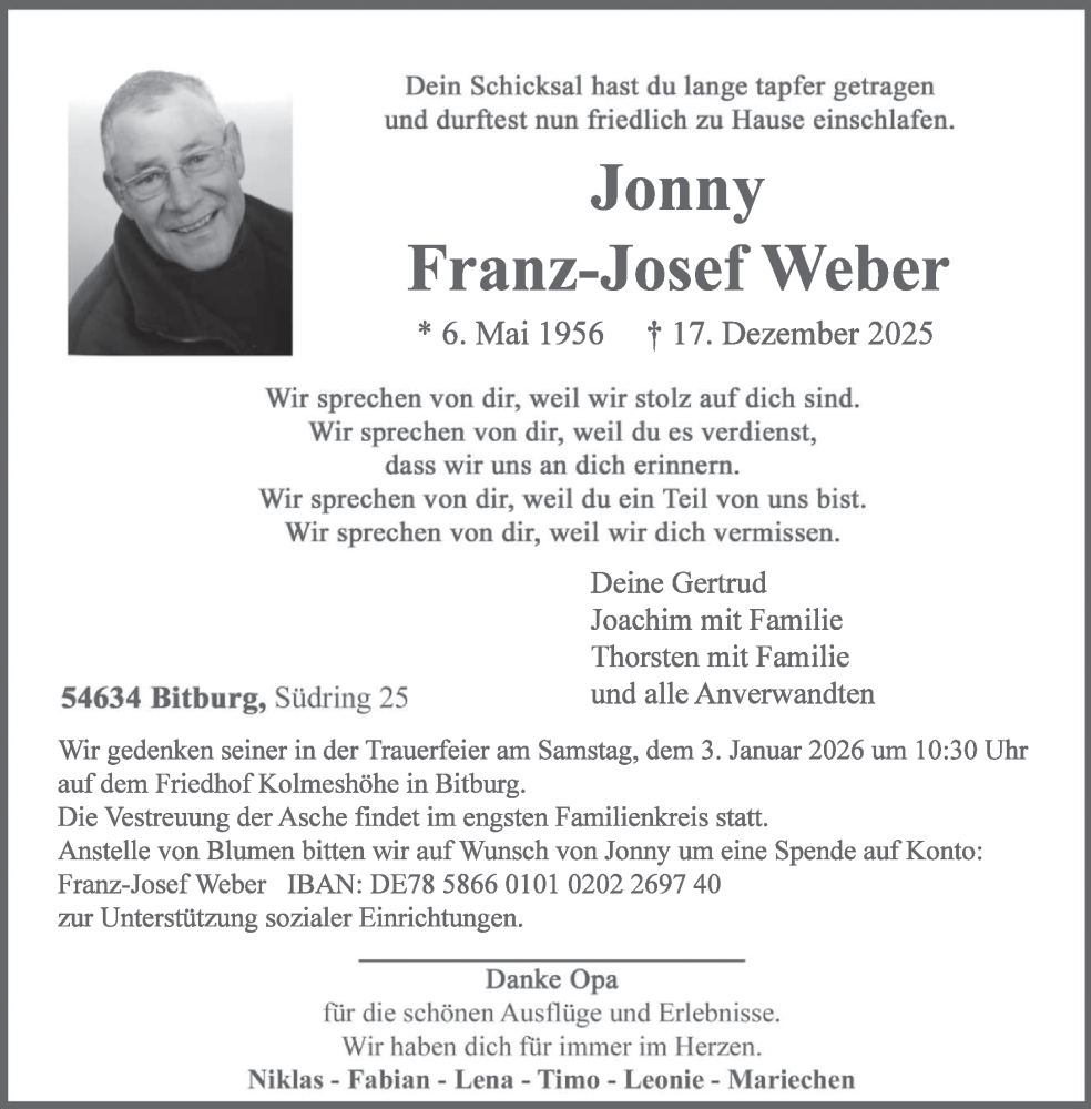  Traueranzeige für Franz-Josef Weber vom 27.12.2025 aus trierischer_volksfreund
