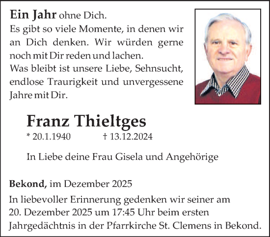 Traueranzeige von Franz Thieltges von trierischer_volksfreund