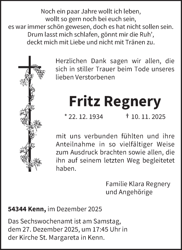  Traueranzeige für Fritz Regnery vom 20.12.2025 aus trierischer_volksfreund