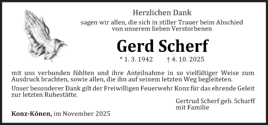 Traueranzeige von Gerd Scherf von trierischer_volksfreund