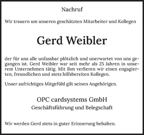 Traueranzeige von Gerd Weibler von trierischer_volksfreund