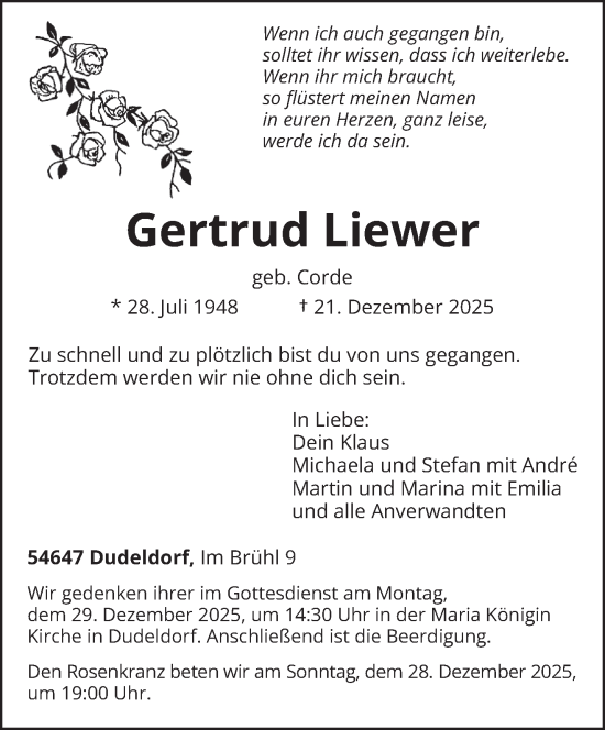 Traueranzeige von Gertrud Liewer von trierischer_volksfreund