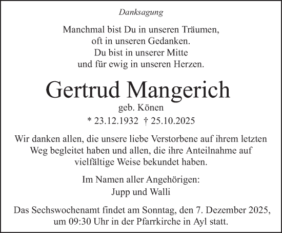 Traueranzeige von Gertrud Mangerich von trierischer_volksfreund