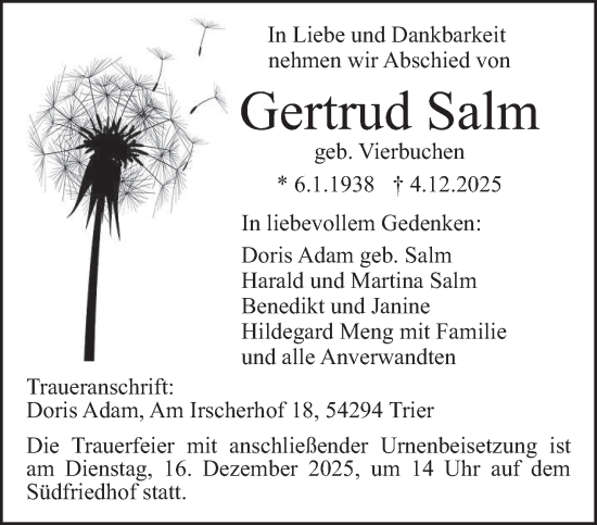 Traueranzeige von Gertrud Salm von trierischer_volksfreund