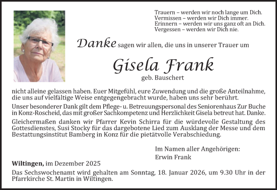 Traueranzeige von Gisela Frank von trierischer_volksfreund
