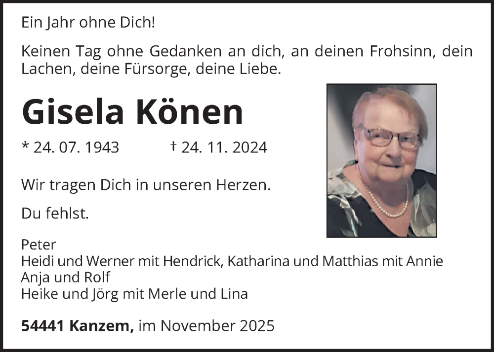  Traueranzeige für Gisela Könen vom 29.11.2025 aus trierischer_volksfreund