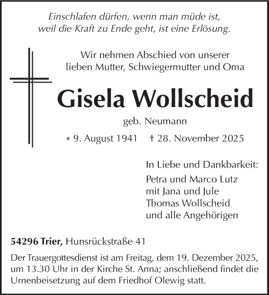 Traueranzeige von Gisela Wollscheid von trierischer_volksfreund