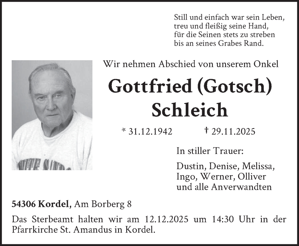  Traueranzeige für Gottfried Schleich vom 09.12.2025 aus trierischer_volksfreund