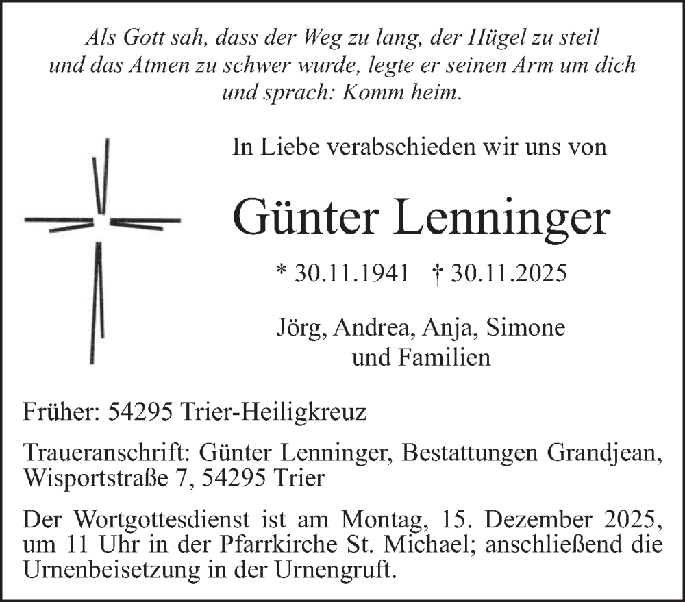  Traueranzeige für Günter Lenninger vom 06.12.2025 aus trierischer_volksfreund