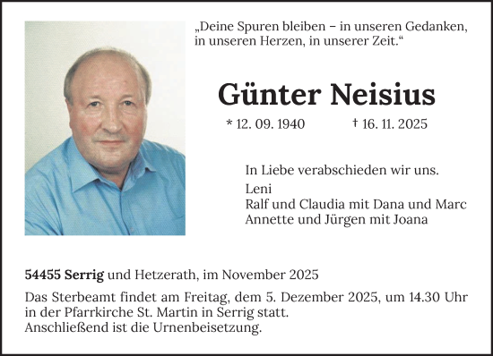Traueranzeige von Günter Neisius von trierischer_volksfreund
