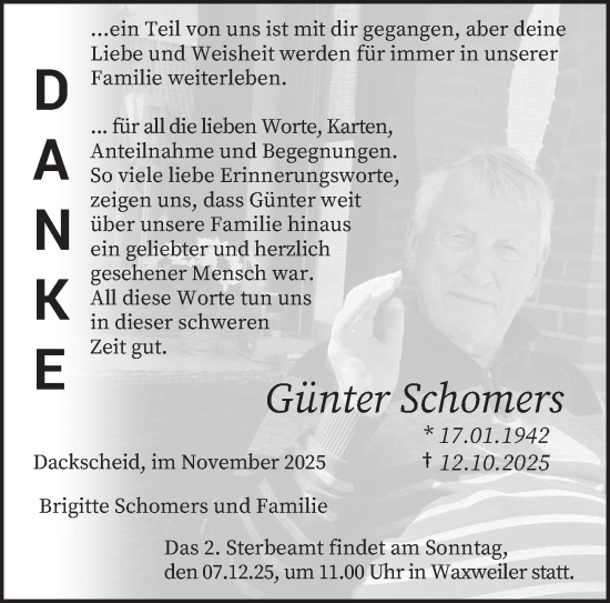 Traueranzeige von Günter Schomers von trierischer_volksfreund