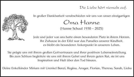 Traueranzeige von Hanne Schaal von trierischer_volksfreund